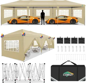 COBIZI 10x30 Pop up Canopy Tent for Parties Protable Canopy Tent with 8 Sidewalls Waterproof Commercial Instant Shelter for Wedding, Courtyard with Carry Bag and 4 Sandbags(10x30FT, Khaki)