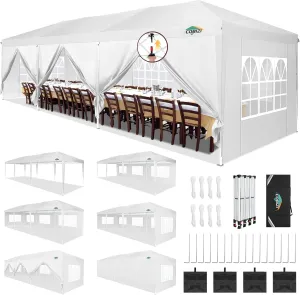 COBIZI 10x30 Pop Up Canopy Tent for Parties with 8 Sidewalls Waterproof Commercial Instant Canopy 10x30 Party Tent for Backyard, Wedding Portable Outdoor Gazebo with Carrybag&4 Sandbags(White