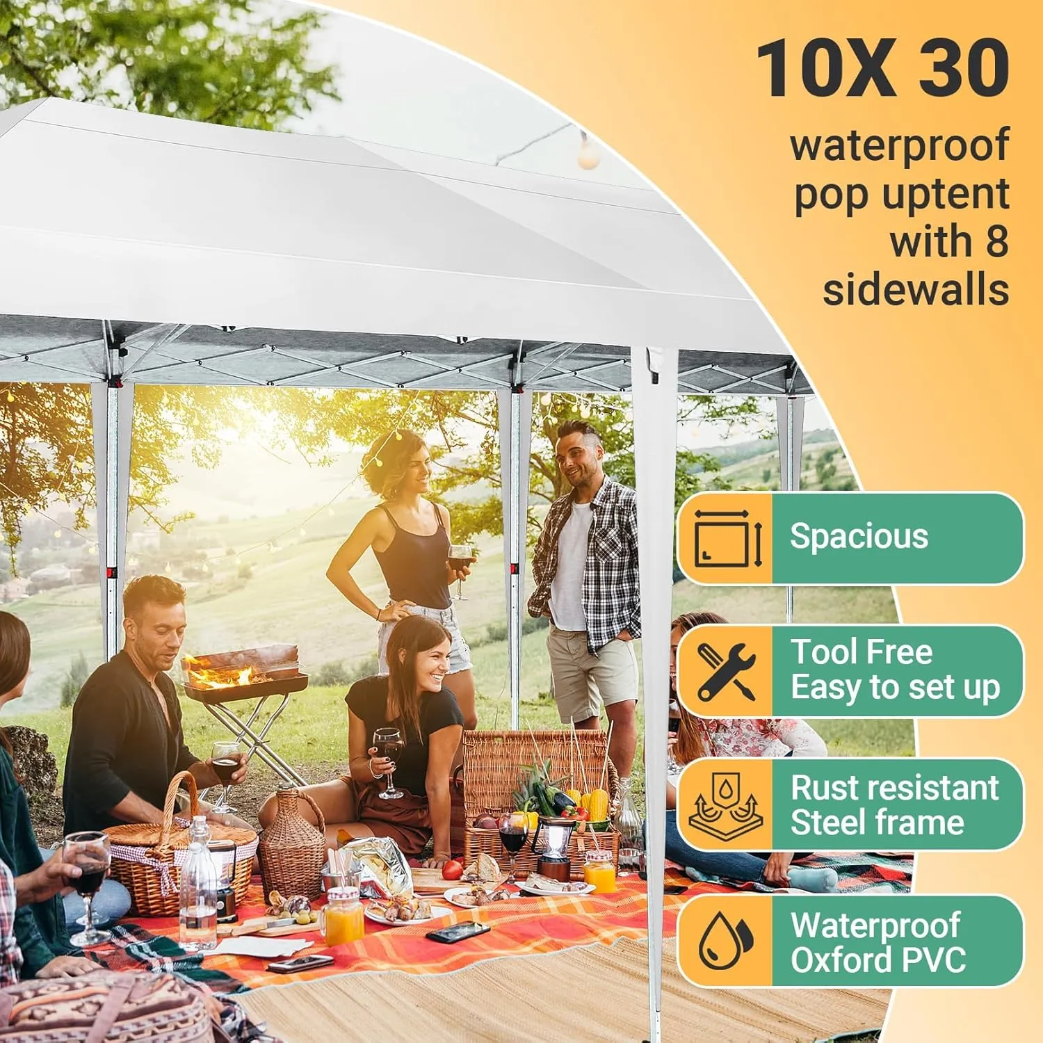 COBIZI 10x30 Pop Up Canopy Tent for Parties with 8 Sidewalls Waterproof Commercial Instant Canopy 10x30 Party Tent for Backyard, Wedding Portable Outdoor Gazebo with Carrybag&4 Sandbags(White