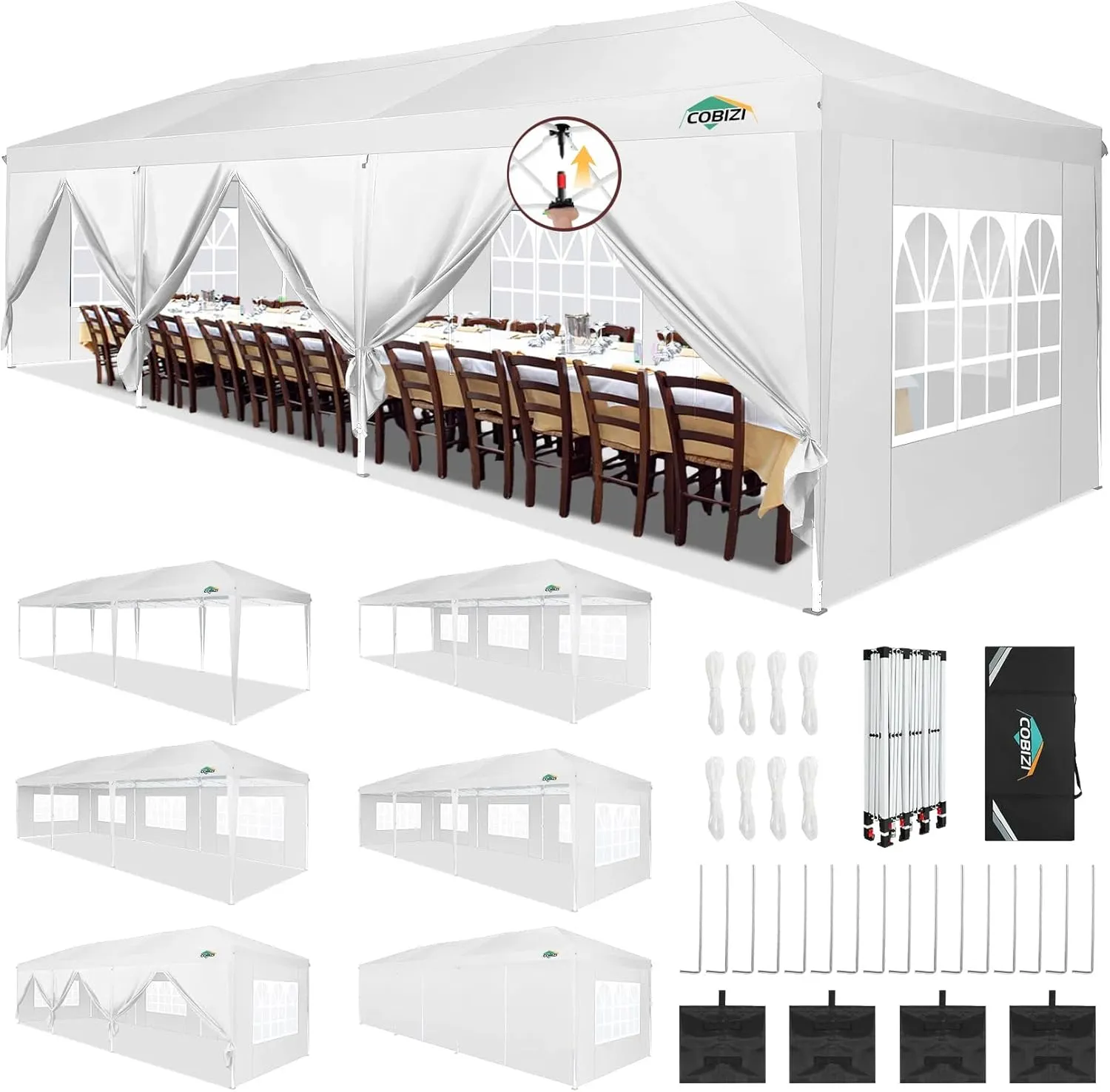 COBIZI 10x30 Pop Up Canopy Tent for Parties with 8 Sidewalls Waterproof Commercial Instant Canopy 10x30 Party Tent for Backyard, Wedding Portable Outdoor Gazebo with Carrybag&4 Sandbags(White