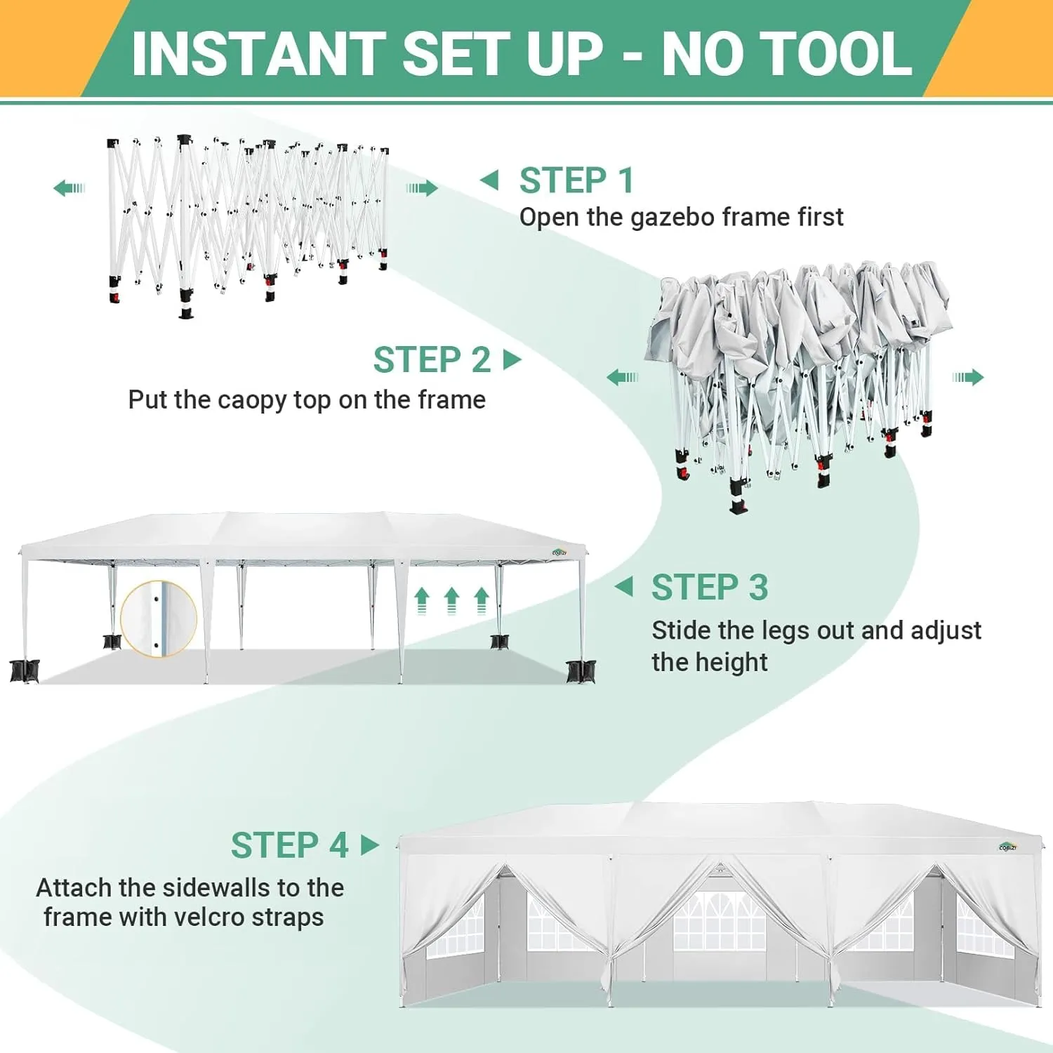COBIZI 10x30 Pop Up Canopy Tent for Parties with 8 Sidewalls Waterproof Commercial Instant Canopy 10x30 Party Tent for Backyard, Wedding Portable Outdoor Gazebo with Carrybag&4 Sandbags(White