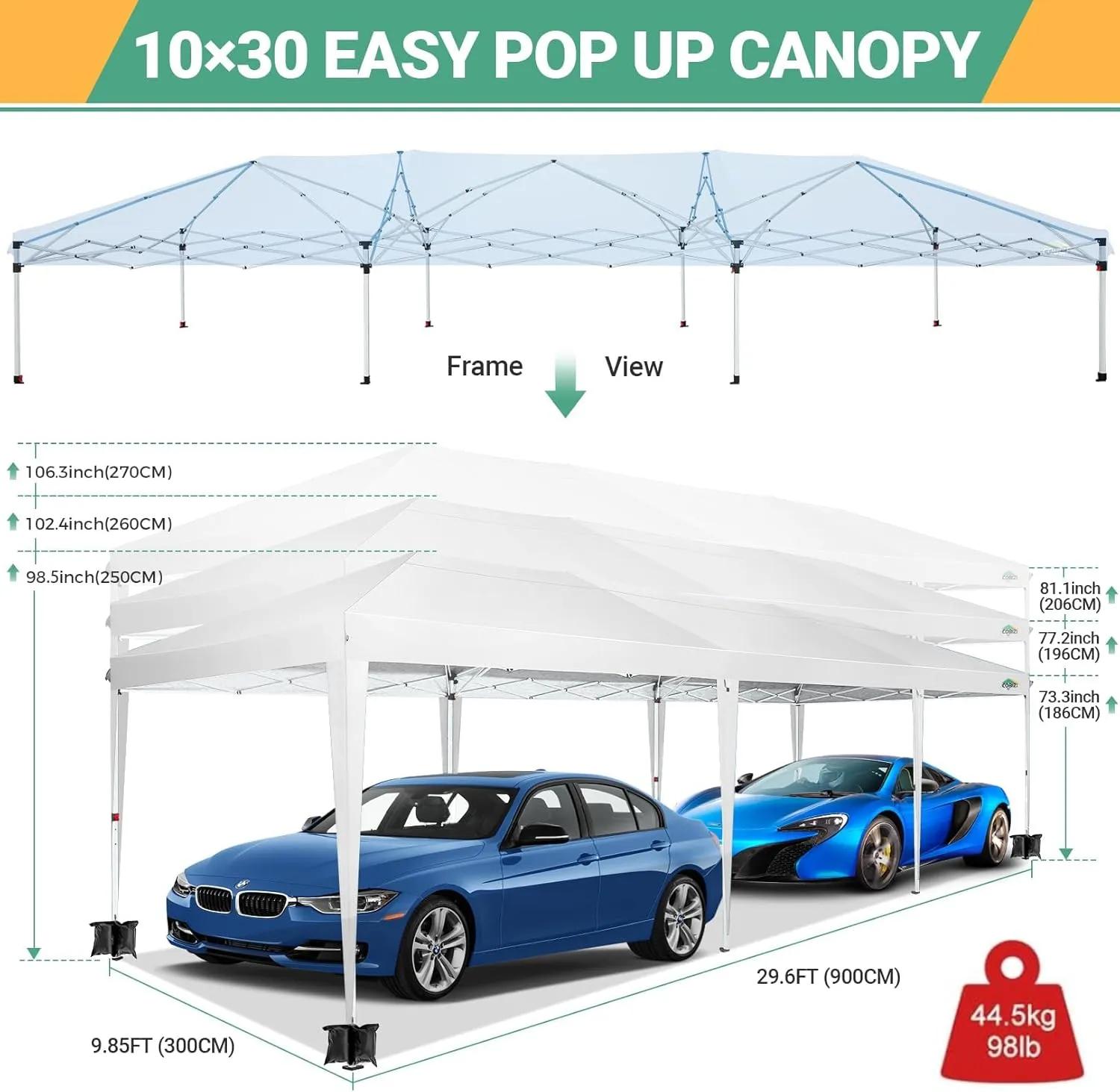 COBIZI 10x30 Pop Up Canopy Tent for Parties with 8 Sidewalls Waterproof Commercial Instant Canopy 10x30 Party Tent for Backyard, Wedding Portable Outdoor Gazebo with Carrybag&4 Sandbags(White