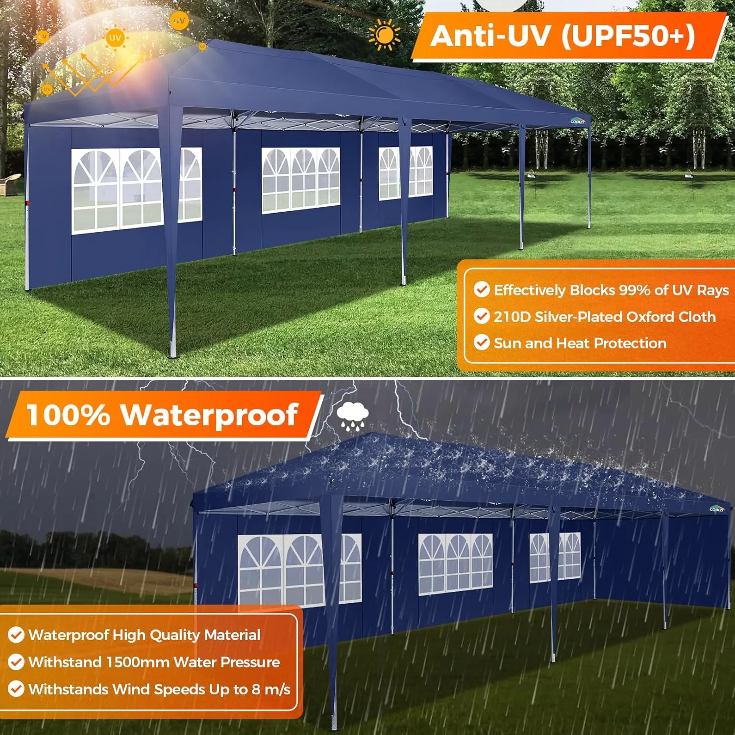 COBIZI 10x30 Pop Up Canopy Tent with Removable Sidewalls, Waterproof Portable Easy Up Canopy with Carry Bag, Instant Outdoor Shelter Tents for Parties, Events, Backyard Gatherings, Weddings, Navy Blue