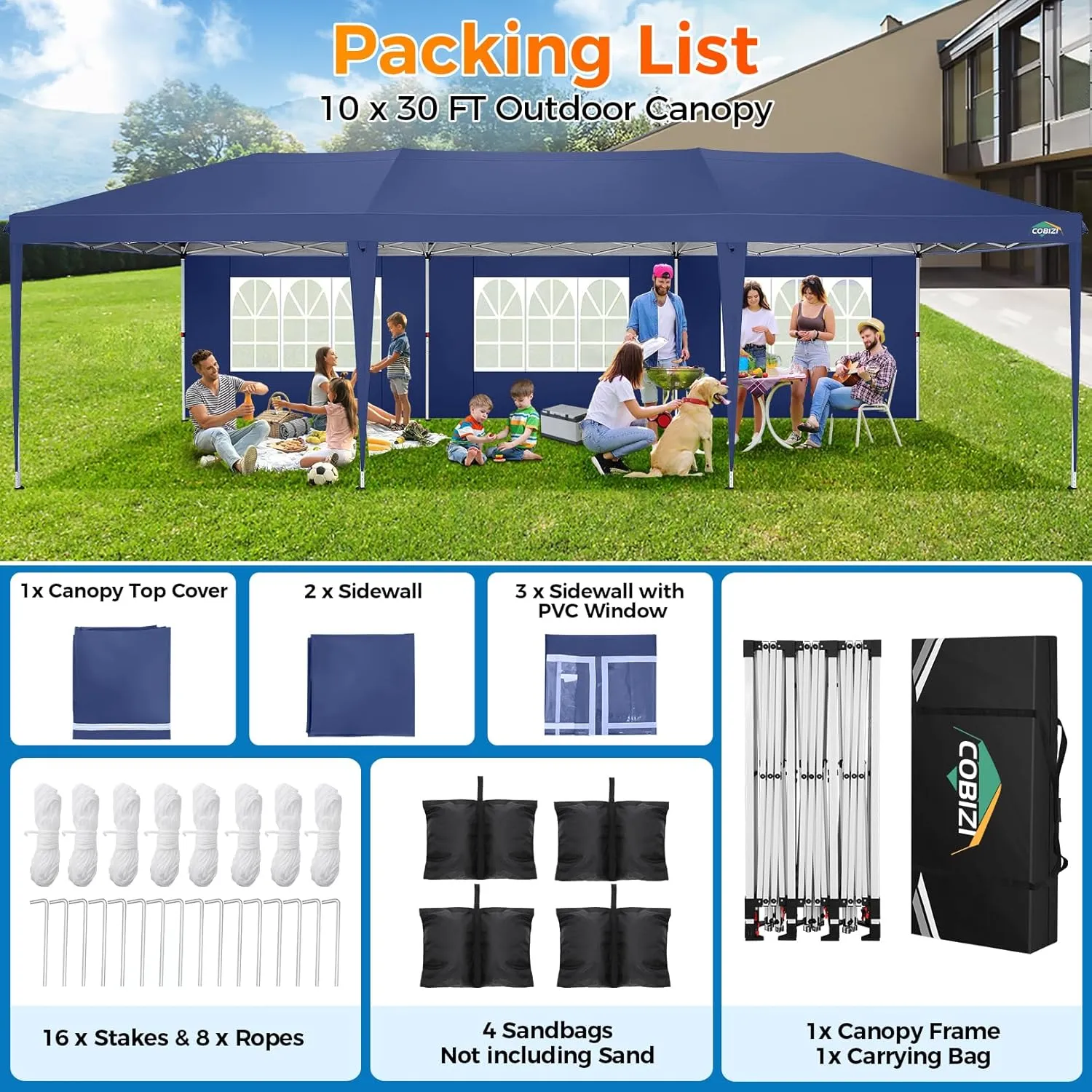 COBIZI 10x30 Pop Up Canopy Tent with Removable Sidewalls, Waterproof Portable Easy Up Canopy with Carry Bag, Instant Outdoor Shelter Tents for Parties, Events, Backyard Gatherings, Weddings, Navy Blue