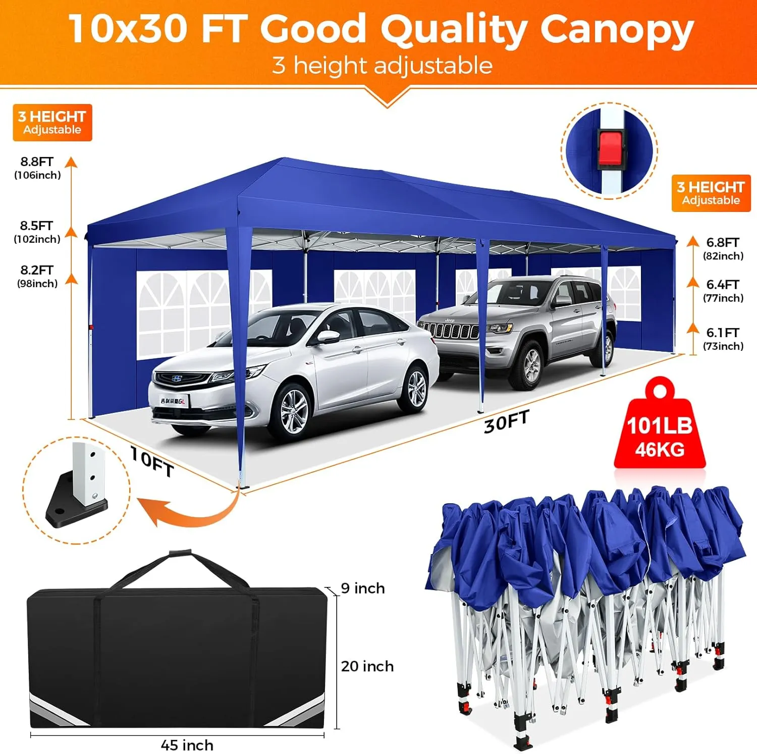 COBIZI 10x30 Pop Up Canopy Tent with Removable Sidewalls, Waterproof Portable Easy Up Canopy with Carry Bag, Instant Outdoor Shelter Tents for Parties, Events, Backyard Gatherings, Weddings, Navy Blue