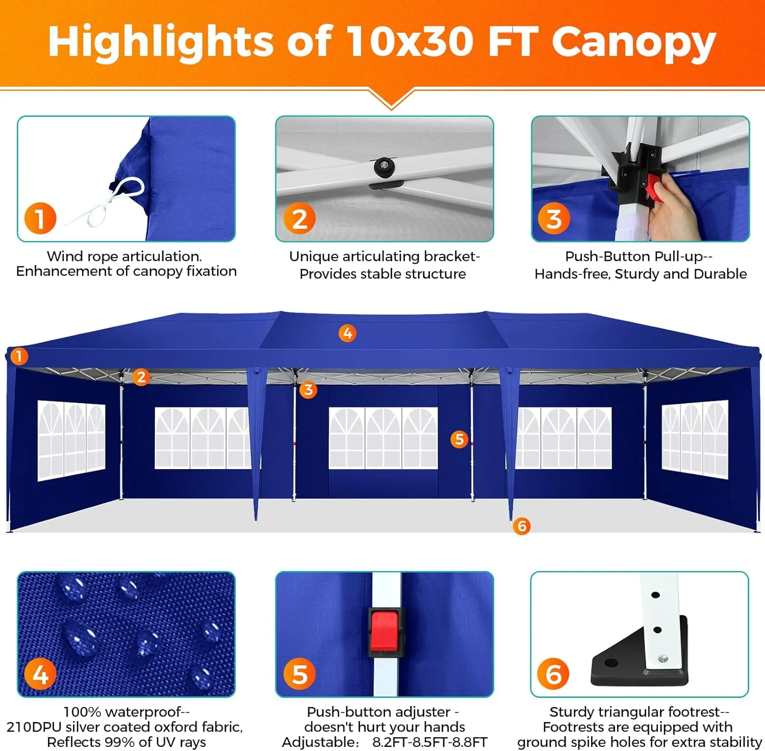 COBIZI 10x30 Pop Up Canopy Tent with Removable Sidewalls, Waterproof Portable Easy Up Canopy with Carry Bag, Instant Outdoor Shelter Tents for Parties, Events, Backyard Gatherings, Weddings, Navy Blue
