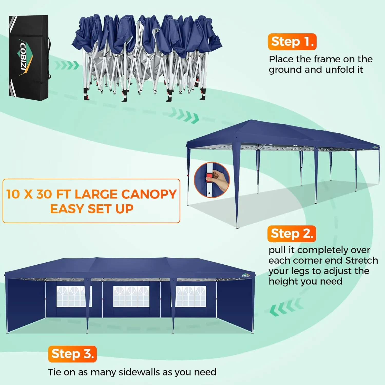 COBIZI 10x30 Pop Up Canopy Tent with Removable Sidewalls, Waterproof Portable Easy Up Canopy with Carry Bag, Instant Outdoor Shelter Tents for Parties, Events, Backyard Gatherings, Weddings, Navy Blue