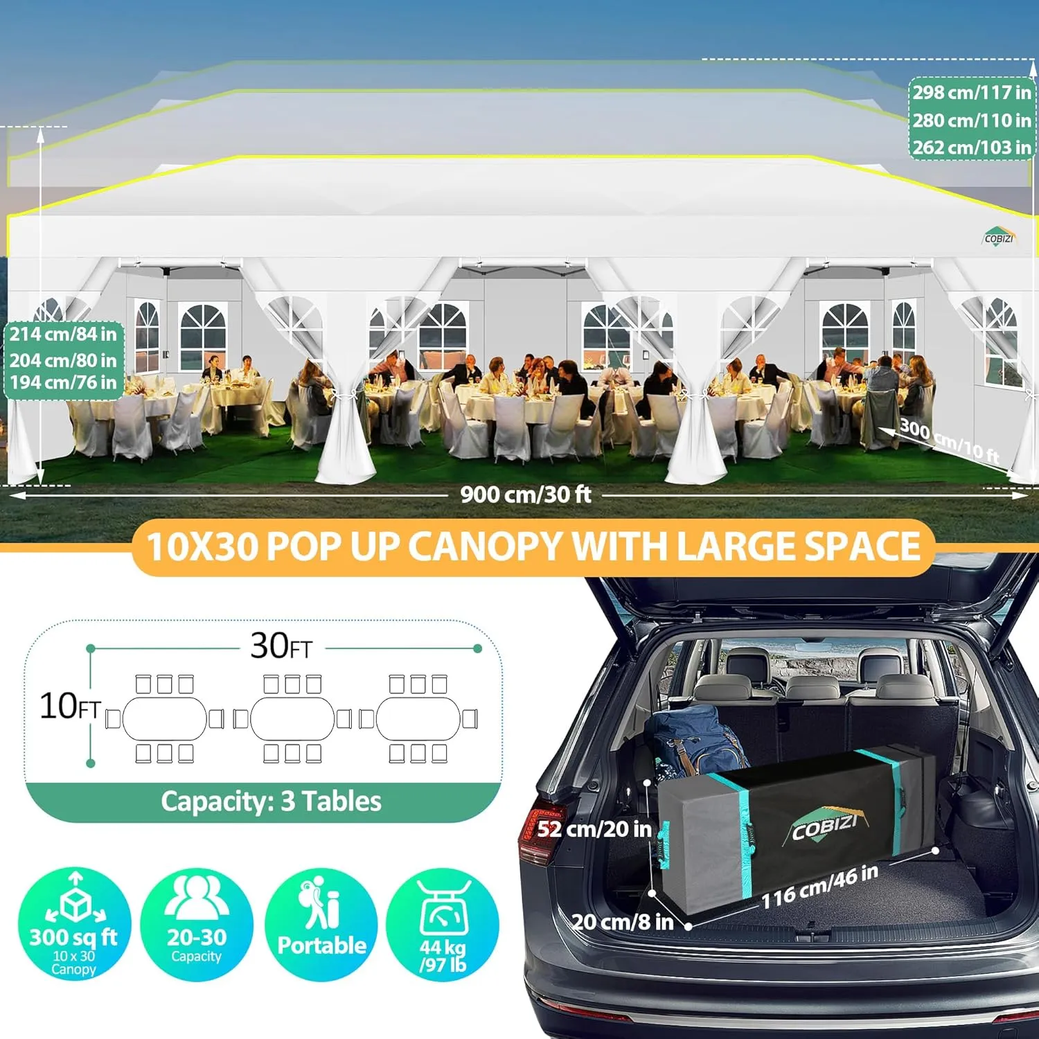 COBIZI 10x30 Pop Up Canopy Tent with Sidewalls 10x30 Party Tent Outdoor Wedding Event Tent for Parties UPF 50  Windproof Waterproof Gazebo with Air Vent, Wheeled Bag, Sandbag, Stake, Rope,(White