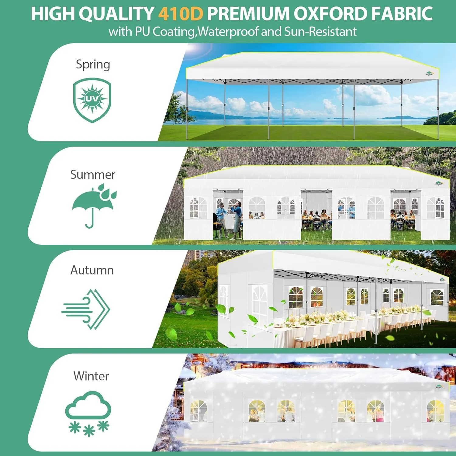 COBIZI 10x30 Pop Up Canopy Tent with Sidewalls 10x30 Party Tent Outdoor Wedding Event Tent for Parties UPF 50  Windproof Waterproof Gazebo with Air Vent, Wheeled Bag, Sandbag, Stake, Rope,(White