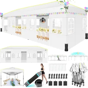 COBIZI 10x30 Pop Up Canopy Tent with Sidewalls 10x30 Party Tent Outdoor Wedding Event Tent for Parties UPF 50  Windproof Waterproof Gazebo with Air Vent, Wheeled Bag, Sandbag, Stake, Rope,(White