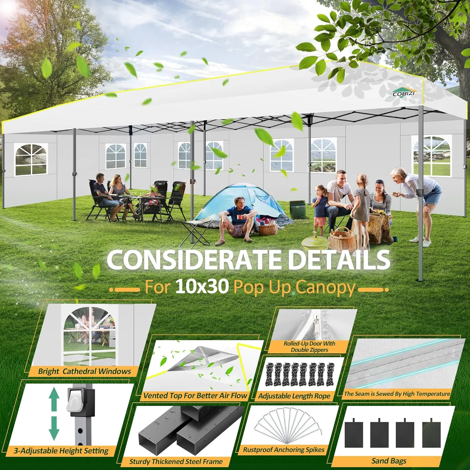 COBIZI 10x30 Pop Up Canopy Tent with Sidewalls 10x30 Party Tent Outdoor Wedding Event Tent for Parties UPF 50  Windproof Waterproof Gazebo with Air Vent, Wheeled Bag, Sandbag, Stake, Rope,(White