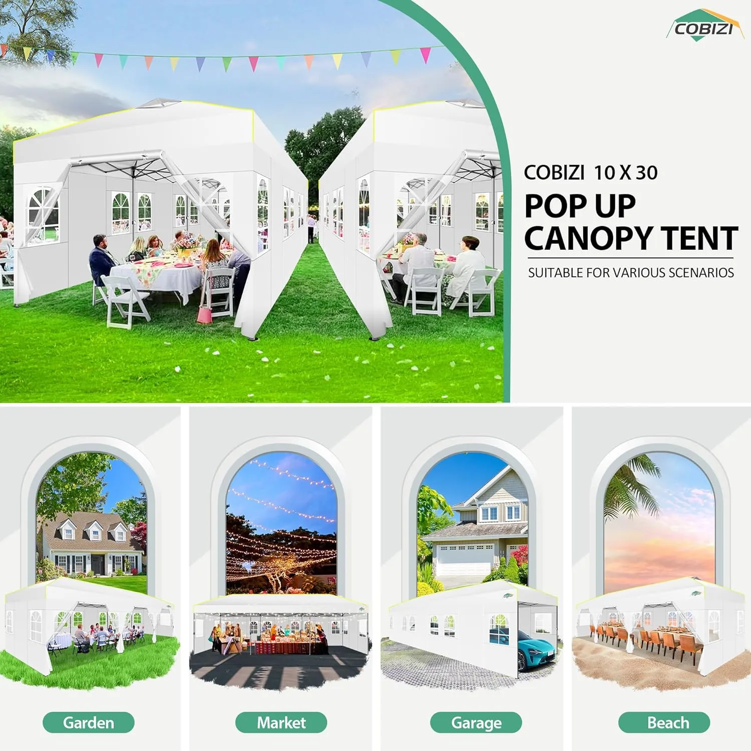 COBIZI 10x30 Pop Up Canopy Tent with Sidewalls 10x30 Party Tent Outdoor Wedding Event Tent for Parties UPF 50  Windproof Waterproof Gazebo with Air Vent, Wheeled Bag, Sandbag, Stake, Rope,(White