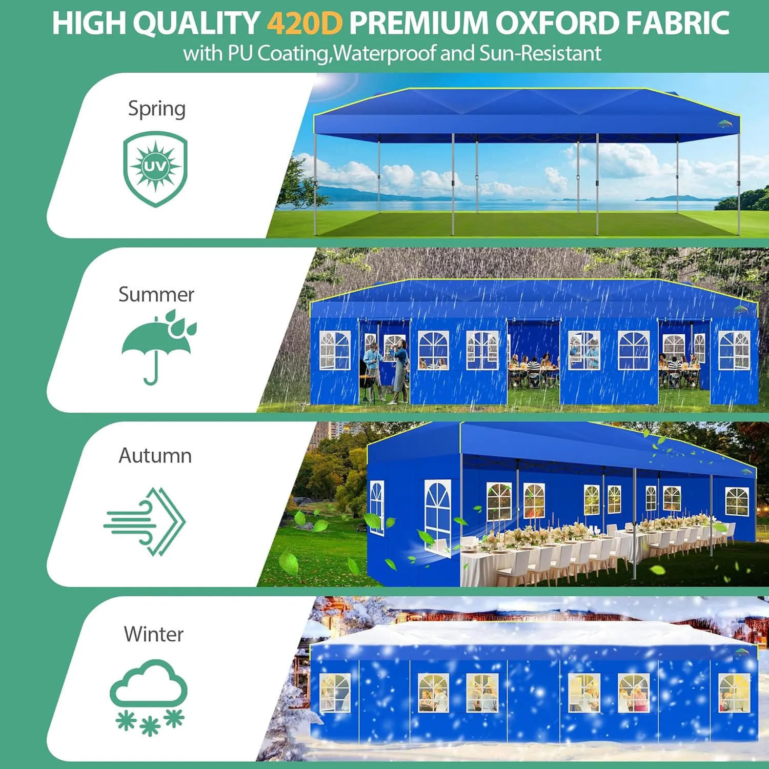 COBIZI 10x30 Pop Up Canopy Tent With Sidewalls - Party Outdoor Wedding Event for Parties - UPF 50  Windproof Waterproof Gazebo With Air Vent, Wheeled Bag, Sandbag, Stake, Rope (Blue)