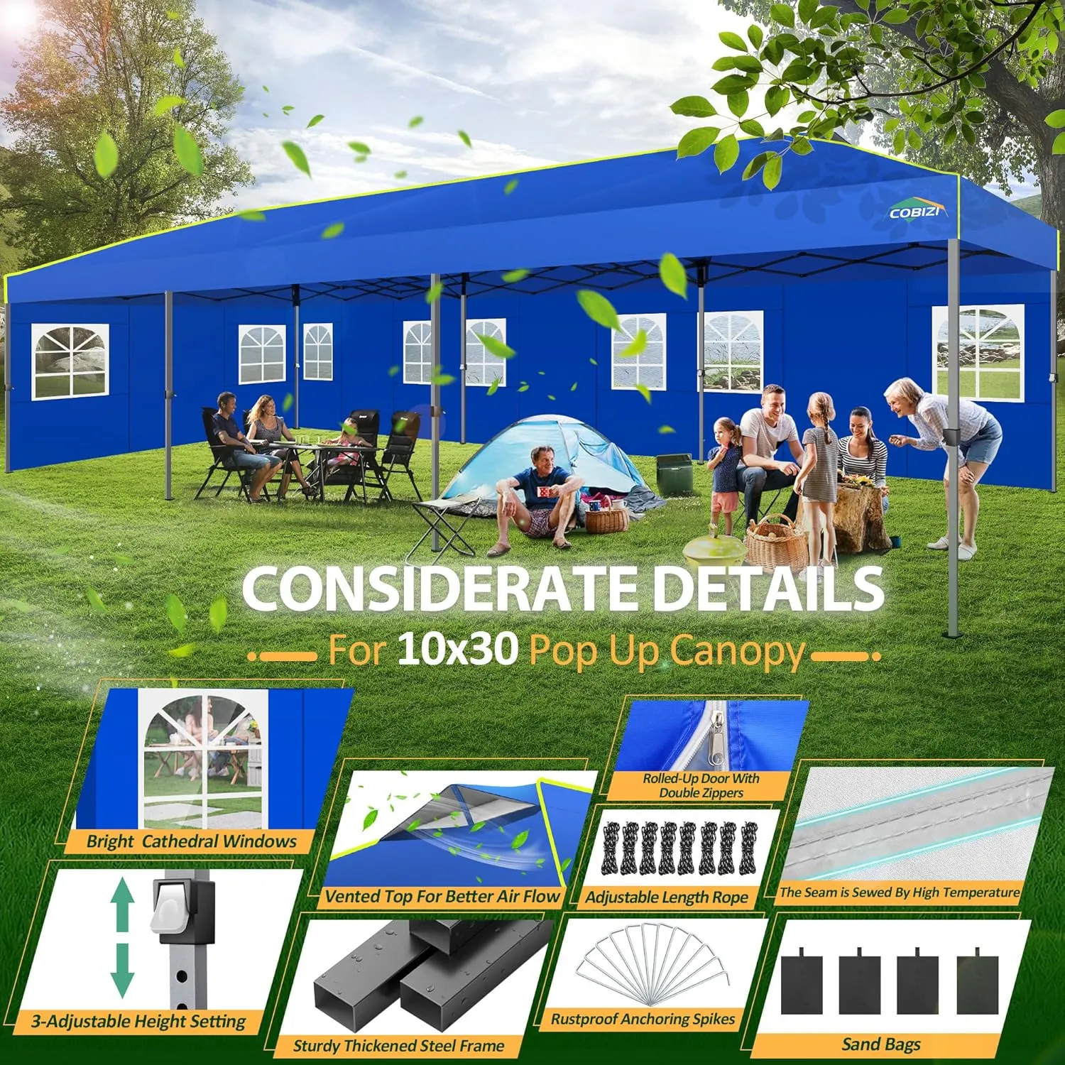 COBIZI 10x30 Pop Up Canopy Tent With Sidewalls - Party Outdoor Wedding Event for Parties - UPF 50  Windproof Waterproof Gazebo With Air Vent, Wheeled Bag, Sandbag, Stake, Rope (Blue)
