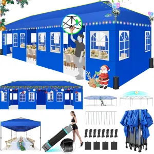 COBIZI 10x30 Pop Up Canopy Tent With Sidewalls - Party Outdoor Wedding Event for Parties - UPF 50  Windproof Waterproof Gazebo With Air Vent, Wheeled Bag, Sandbag, Stake, Rope (Blue)
