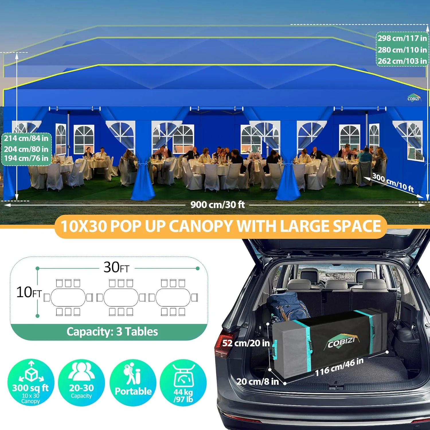COBIZI 10x30 Pop Up Canopy Tent With Sidewalls - Party Outdoor Wedding Event for Parties - UPF 50  Windproof Waterproof Gazebo With Air Vent, Wheeled Bag, Sandbag, Stake, Rope (Blue)