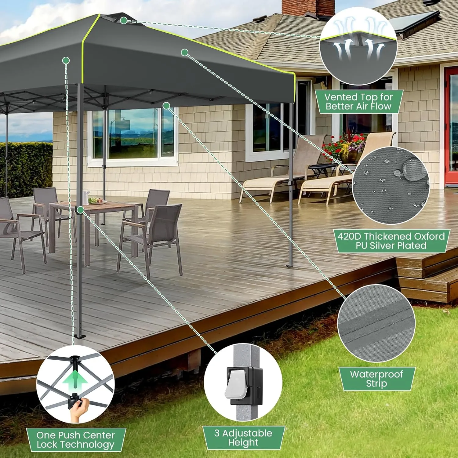 COBIZI 10x30 Pop Up Canopy Tent Without Removable Sidewalls, One Push Party Tent Outdoor Waterproof Event Canopy with Air Vent for Parties Commercial Wedding, 3 Height, Wheeled Bag, Sandbag, Gray