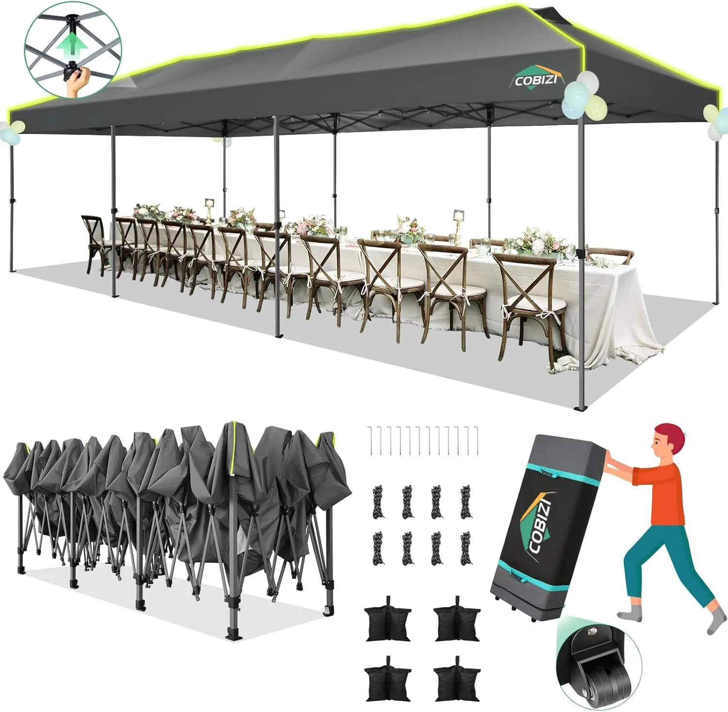COBIZI 10x30 Pop Up Canopy Tent Without Removable Sidewalls, One Push Party Tent Outdoor Waterproof Event Canopy with Air Vent for Parties Commercial Wedding, 3 Height, Wheeled Bag, Sandbag, Gray