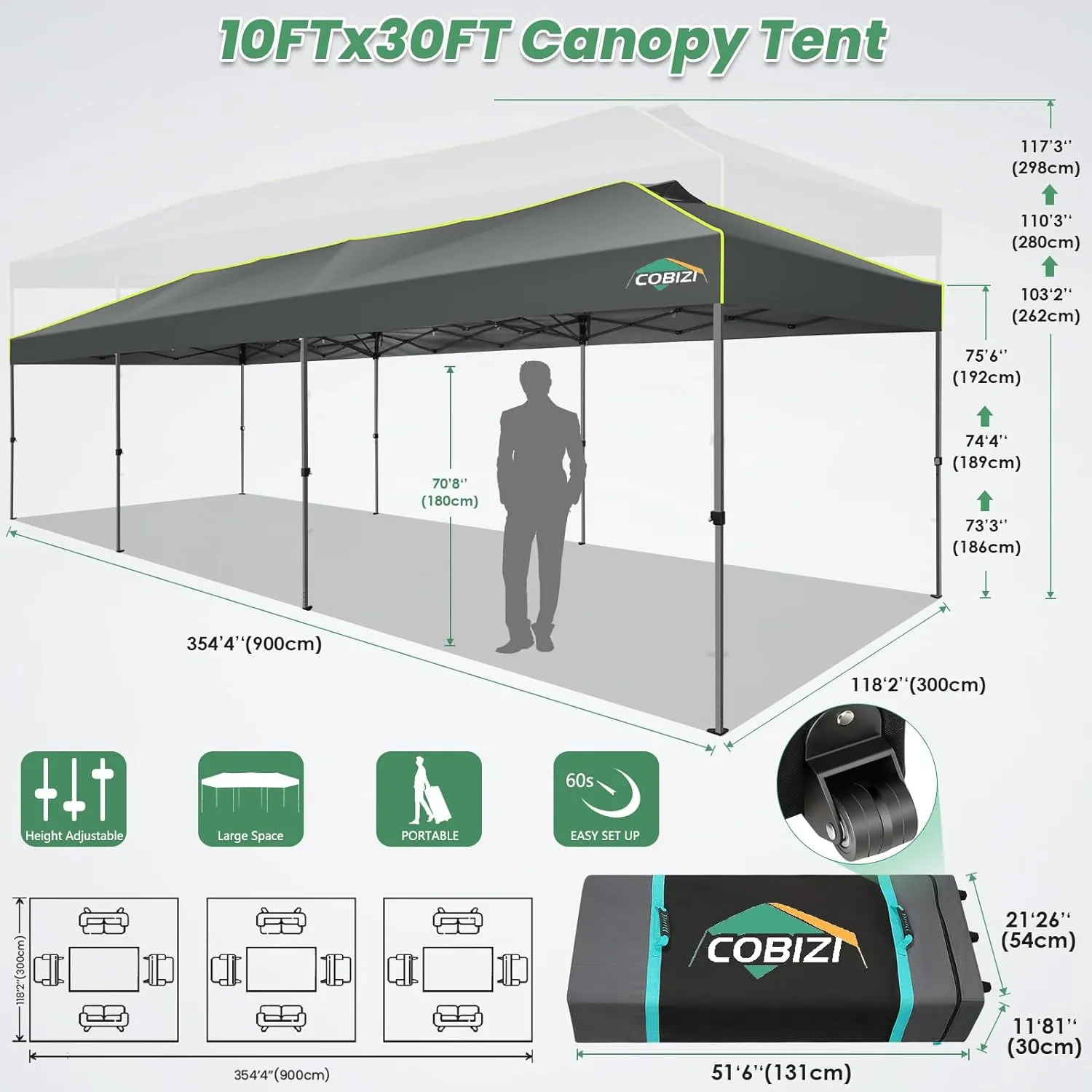 COBIZI 10x30 Pop Up Canopy Tent Without Removable Sidewalls, One Push Party Tent Outdoor Waterproof Event Canopy with Air Vent for Parties Commercial Wedding, 3 Height, Wheeled Bag, Sandbag, Gray
