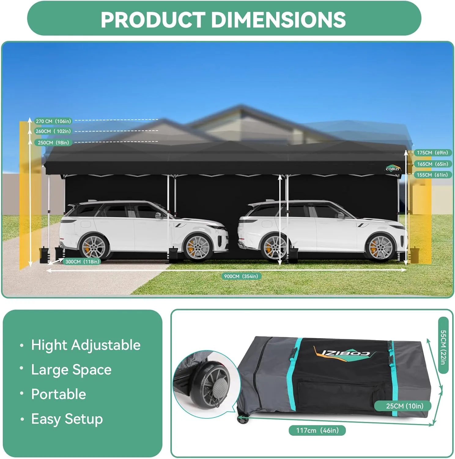 COBIZI 10x30 Pop up Canopy with 3 Sidewalls, One Push Party Tent Portable Garage for Wedding, Waterproof Car Canopy with Wheeled Bag, Canopy Tent 10x30 UPF 50 , 3 Adjustable Height, Black