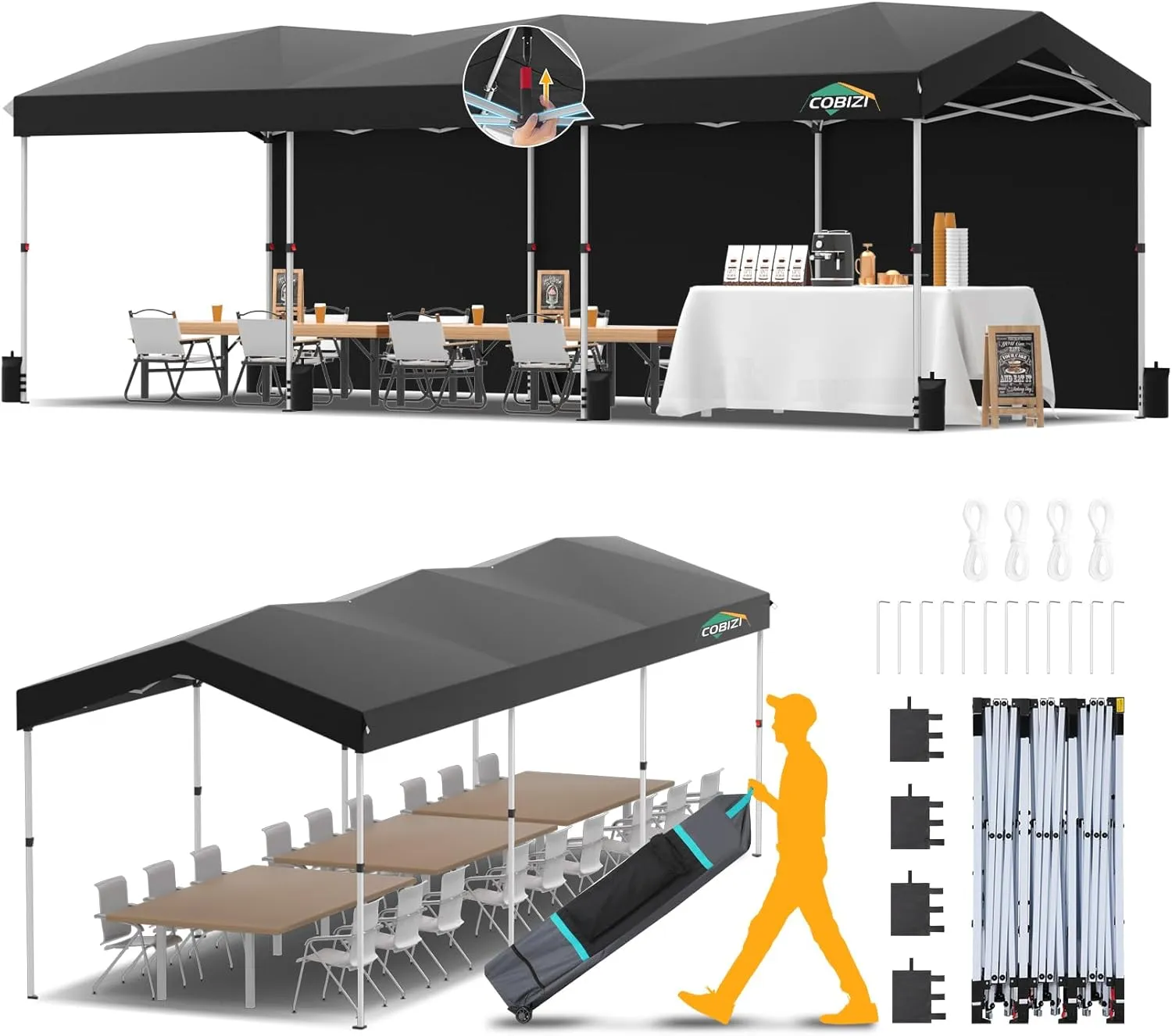 COBIZI 10x30 Pop up Canopy with 3 Sidewalls, One Push Party Tent Portable Garage for Wedding, Waterproof Car Canopy with Wheeled Bag, Canopy Tent 10x30 UPF 50 , 3 Adjustable Height, Black