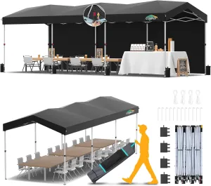 COBIZI 10x30 Pop up Canopy with 3 Sidewalls, One Push Party Tent Portable Garage for Wedding, Waterproof Car Canopy with Wheeled Bag, Canopy Tent 10x30 UPF 50 , 3 Adjustable Height, Black