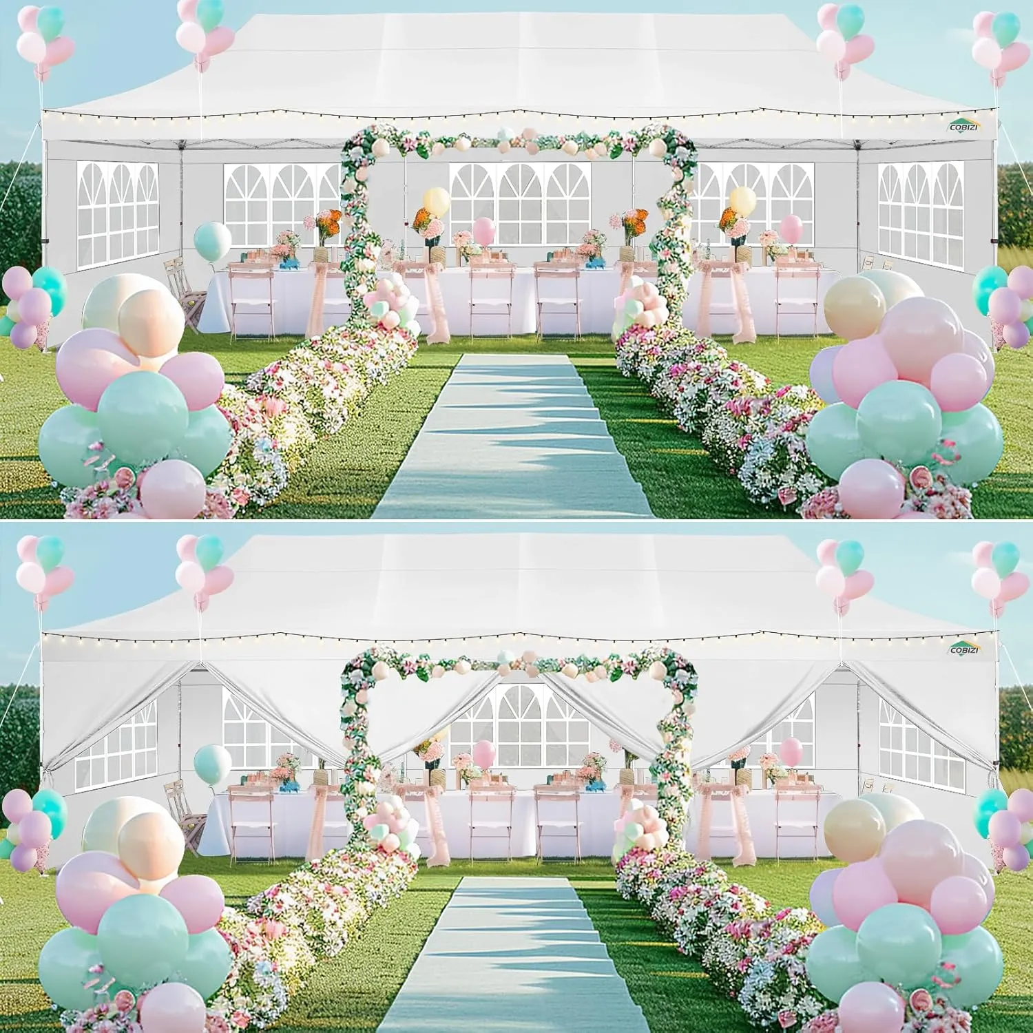 COBIZI 10x30 Pop up Canopy with 8 Removable Sidewalls & 4 Sandbags, Party Tent for Parties, Wedding, and Commercials, Waterproof and Instant Shelter UV50  Ez Outdoor Canopy Tent with Roller Bag