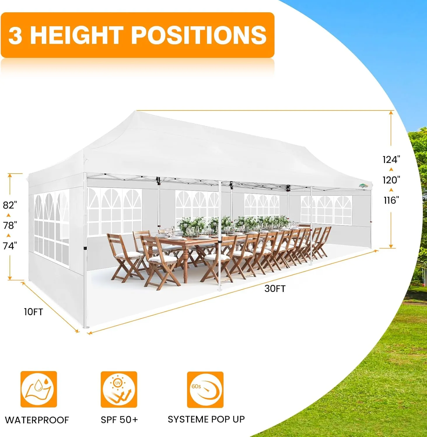 COBIZI 10x30 Pop up Canopy with 8 Removable Sidewalls & 4 Sandbags, Party Tent for Parties, Wedding, and Commercials, Waterproof and Instant Shelter UV50  Ez Outdoor Canopy Tent with Roller Bag
