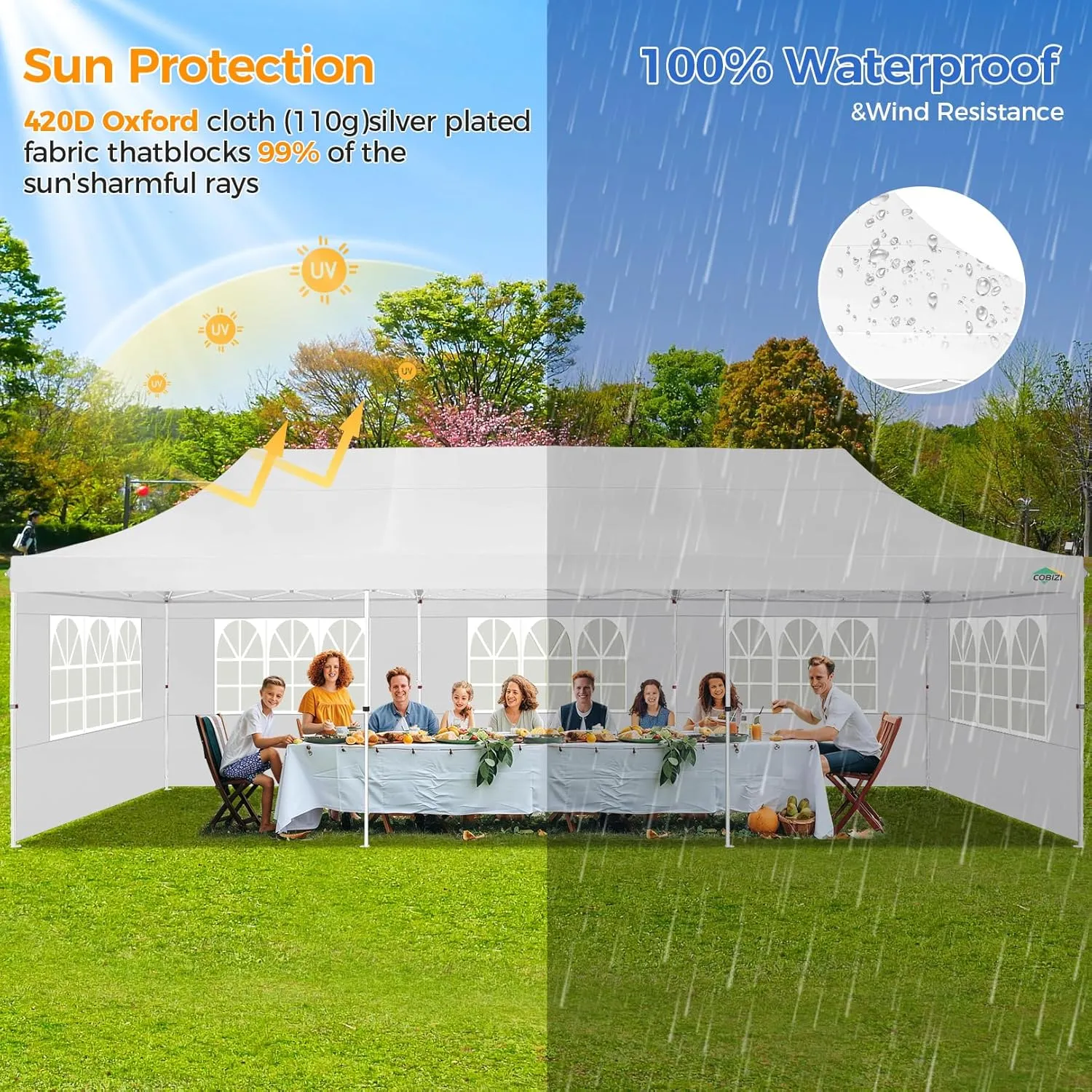 COBIZI 10x30 Pop up Canopy with 8 Removable Sidewalls & 4 Sandbags, Party Tent for Parties, Wedding, and Commercials, Waterproof and Instant Shelter UV50  Ez Outdoor Canopy Tent with Roller Bag