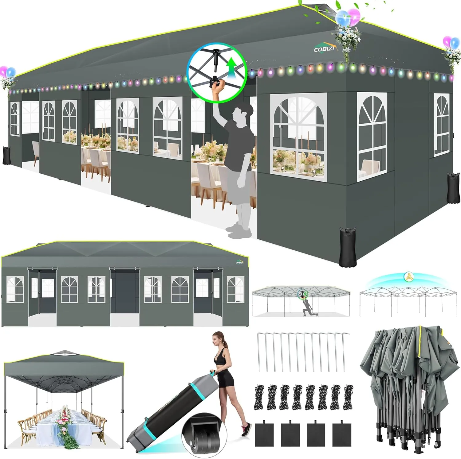 COBIZI 10x30 Pop Up Canopy with Sidewalls 10x30 Party Tent Outdoor Wedding Event Tent for Parties UPF 50  Windproof Waterproof Gazebo with Air Vent, Wheeled Bag, Sandbag, Stake, Rope,(Gray