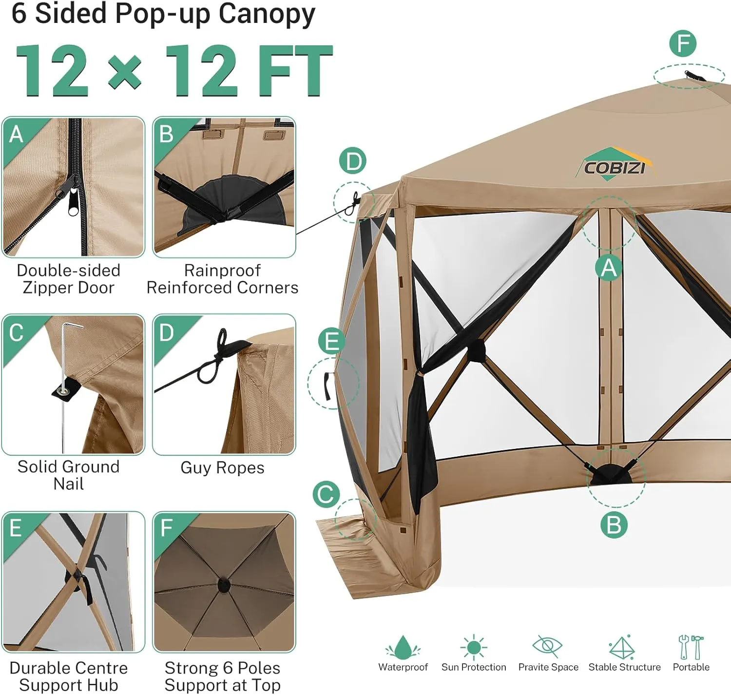 COBIZI 12x12ft Pop up Gazebo Screen House Tent with Mosquito Netting, 6 Sided Pop-up Canopy Shelter Tent Easy-Set Portable Gazebo with Carry Bag for Outdoor Camping, Lawn and Backyard, Khaki