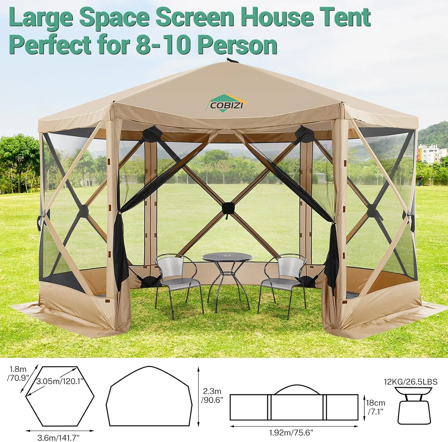COBIZI 12x12ft Pop up Gazebo Screen House Tent with Mosquito Netting, 6 Sided Pop-up Canopy Shelter Tent Easy-Set Portable Gazebo with Carry Bag for Outdoor Camping, Lawn and Backyard, Khaki
