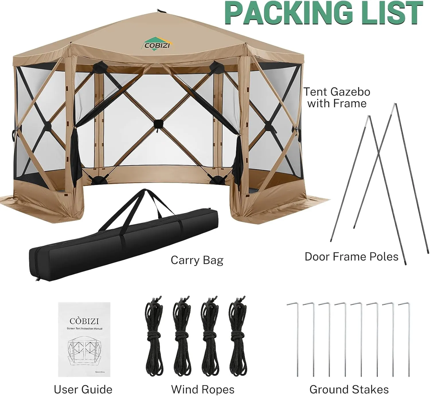COBIZI 12x12ft Pop up Gazebo Screen House Tent with Mosquito Netting, 6 Sided Pop-up Canopy Shelter Tent Easy-Set Portable Gazebo with Carry Bag for Outdoor Camping, Lawn and Backyard, Khaki