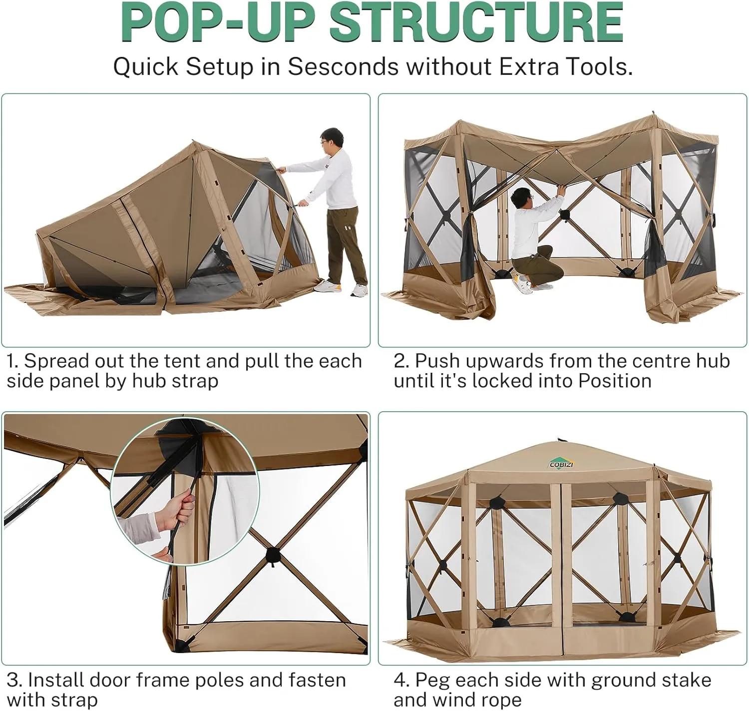 COBIZI 12x12ft Pop up Gazebo Screen House Tent with Mosquito Netting, 6 Sided Pop-up Canopy Shelter Tent Easy-Set Portable Gazebo with Carry Bag for Outdoor Camping, Lawn and Backyard, Khaki