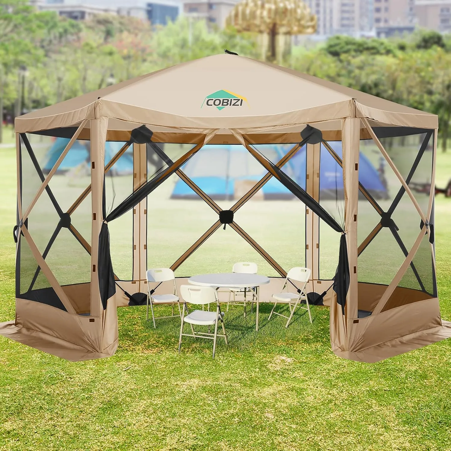 COBIZI 12x12ft Pop up Gazebo Screen House Tent with Mosquito Netting, 6 Sided Pop-up Canopy Shelter Tent Easy-Set Portable Gazebo with Carry Bag for Outdoor Camping, Lawn and Backyard, Khaki