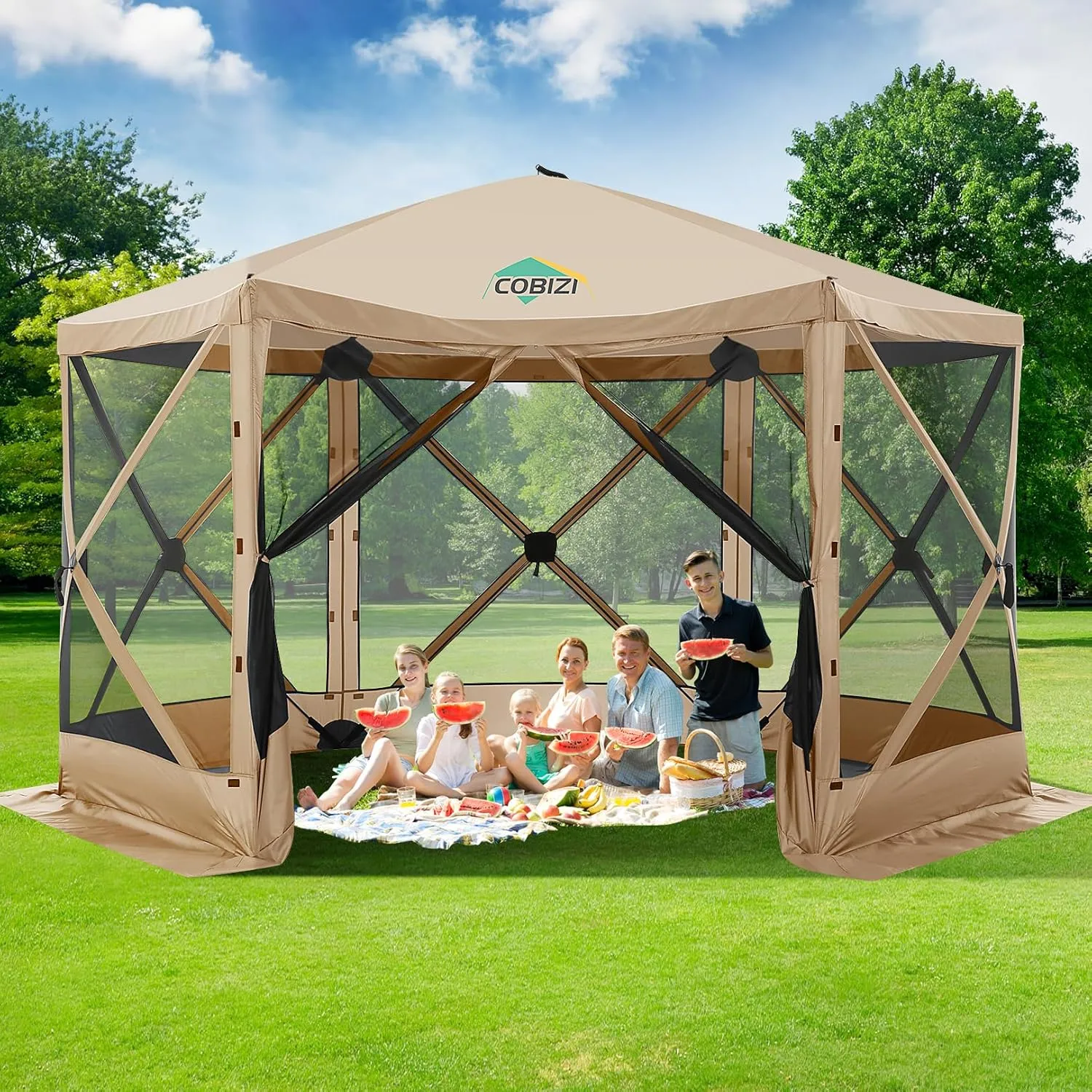 COBIZI 12x12ft Pop up Gazebo Screen House Tent with Mosquito Netting, 6 Sided Pop-up Canopy Shelter Tent Easy-Set Portable Gazebo with Carry Bag for Outdoor Camping, Lawn and Backyard, Khaki