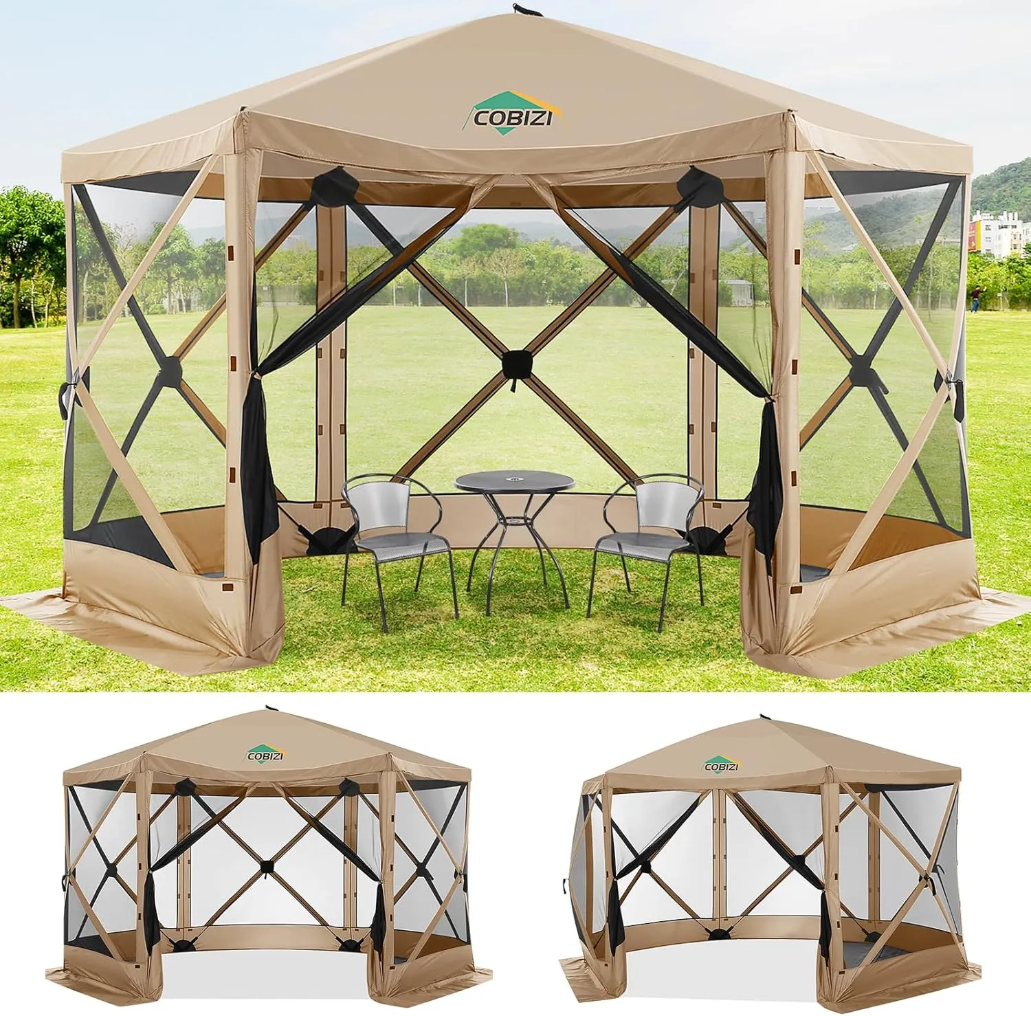 COBIZI 12x12ft Pop up Gazebo Screen House Tent with Mosquito Netting, 6 Sided Pop-up Canopy Shelter Tent Easy-Set Portable Gazebo with Carry Bag for Outdoor Camping, Lawn and Backyard, Khaki