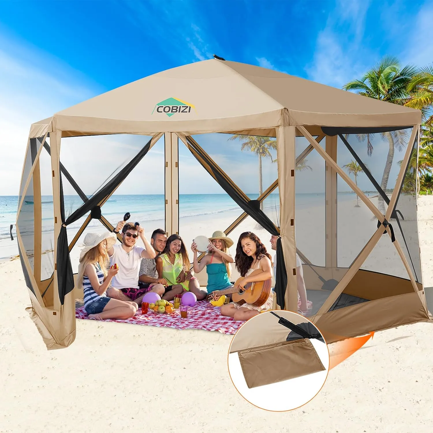 COBIZI 12x12ft Pop up Gazebo Screen House Tent with Mosquito Netting, 6 Sided Pop-up Canopy Shelter Tent Easy-Set Portable Gazebo with Carry Bag for Outdoor Camping, Lawn and Backyard, Khaki