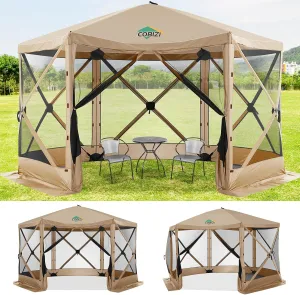 COBIZI 12x12ft Pop up Gazebo Screen House Tent with Mosquito Netting, 6 Sided Pop-up Canopy Shelter Tent Easy-Set Portable Gazebo with Carry Bag for Outdoor Camping, Lawn and Backyard, Khaki