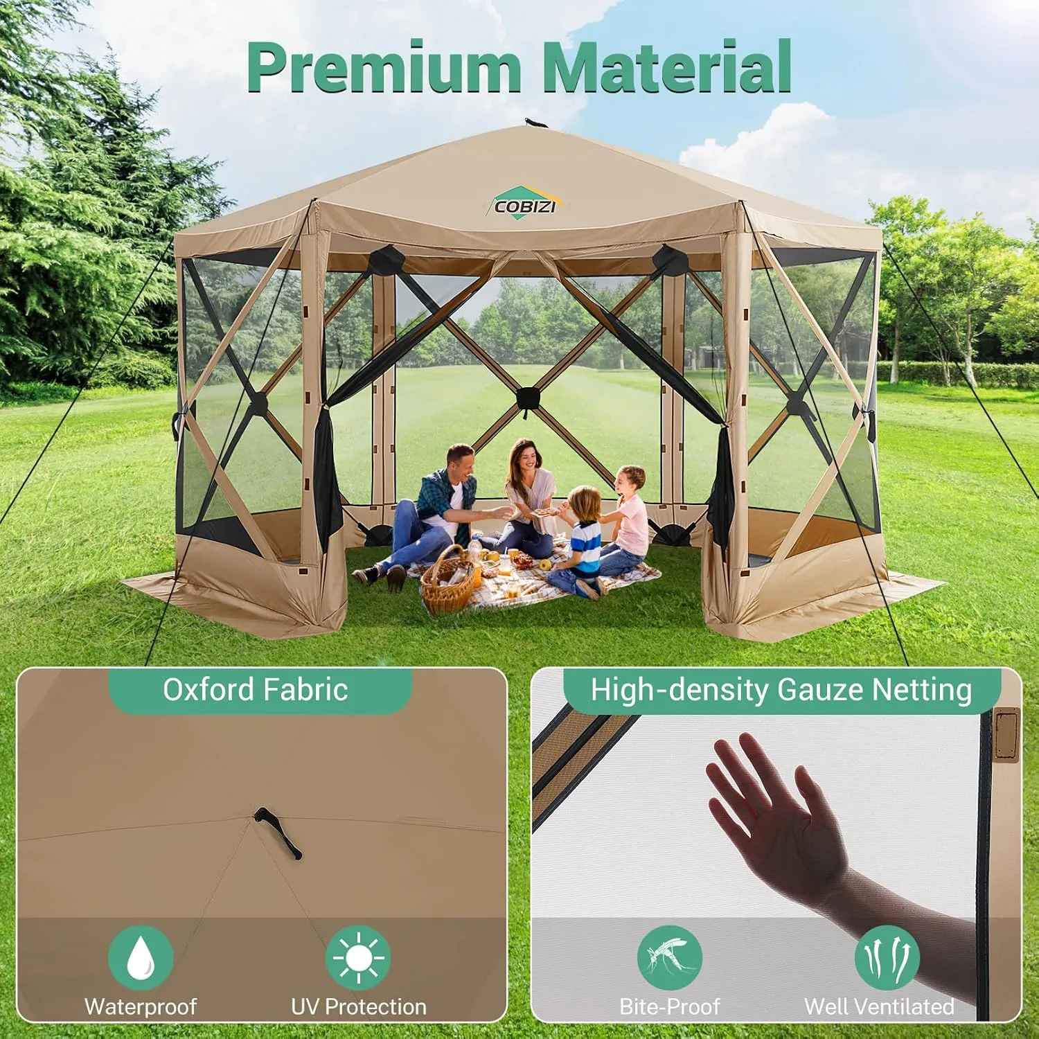 COBIZI 12x12ft Pop up Gazebo Screen House Tent with Mosquito Netting, 6 Sided Pop-up Canopy Shelter Tent Easy-Set Portable Gazebo with Carry Bag for Outdoor Camping, Lawn and Backyard, Khaki