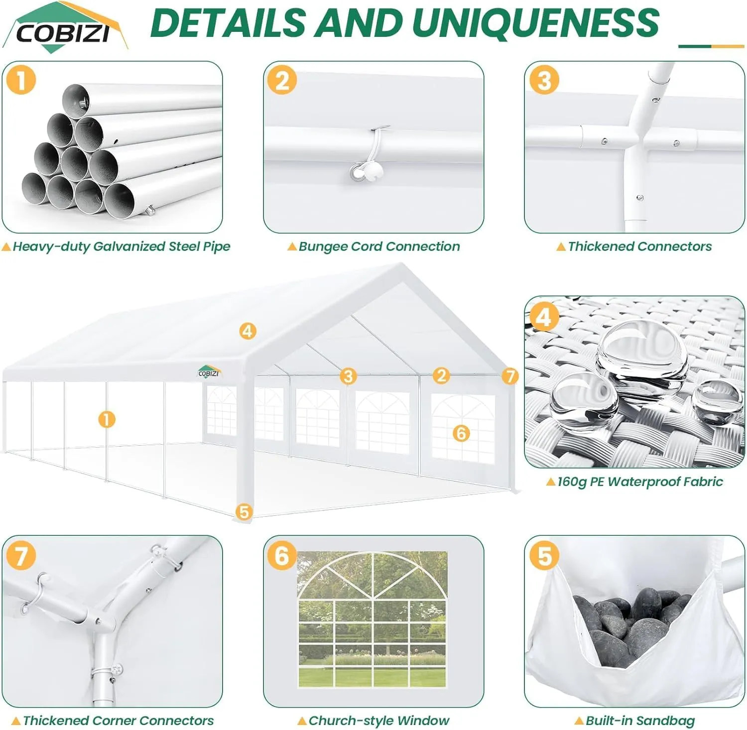 COBIZI 16x32FT Party Tent Heavy Duty Outdoor Gazebo White Event Shelter Wedding Canopy Tent for Parties Carport BBQ Commercial with Removable Sidewall Windows, Powder Coating (Better Than Galvanized)