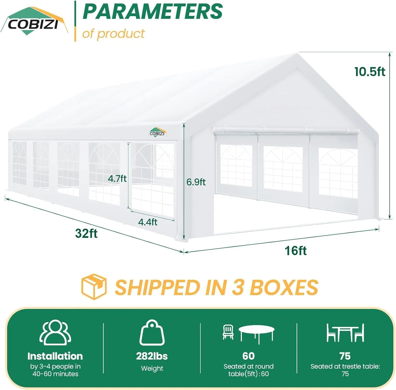 COBIZI 16x32FT Party Tent Heavy Duty Outdoor Gazebo White Event Shelter Wedding Canopy Tent for Parties Carport BBQ Commercial with Removable Sidewall Windows, Powder Coating (Better Than Galvanized)