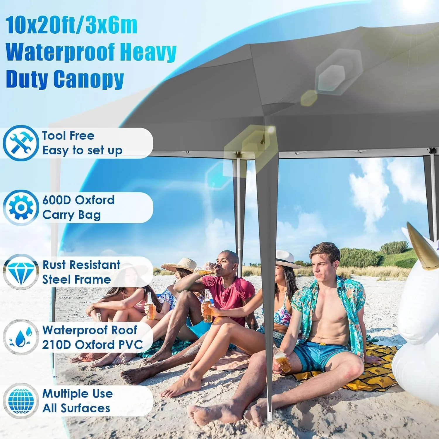 COBIZI Canopy 10x20 Pop Up Canopy Tent Party Tents for Parties Weddings Backyard Waterproof Canopy Outdoor Commercial Instant Canopy Event Tent with Stakes, Ropes,Sandbags, Grey