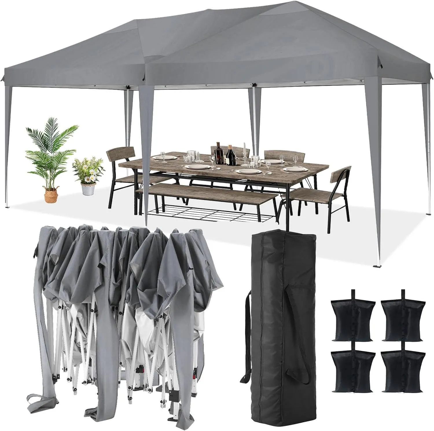 COBIZI Canopy 10x20 Pop Up Canopy Tent Party Tents for Parties Weddings Backyard Waterproof Canopy Outdoor Commercial Instant Canopy Event Tent with Stakes, Ropes,Sandbags, Grey