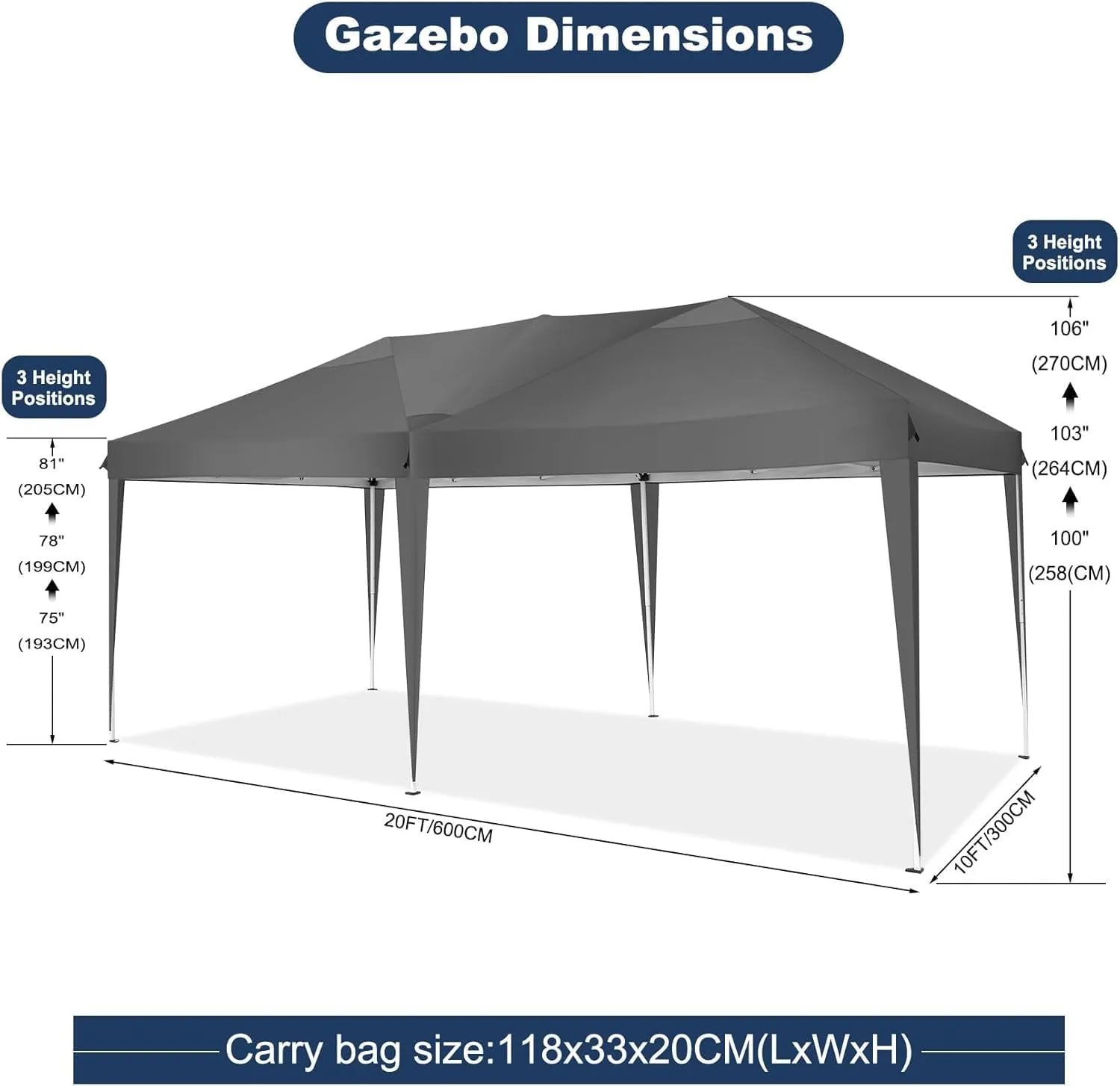 COBIZI Canopy 10x20 Pop Up Canopy Tent Party Tents for Parties Weddings Backyard Waterproof Canopy Outdoor Commercial Instant Canopy Event Tent with Stakes, Ropes,Sandbags, Grey