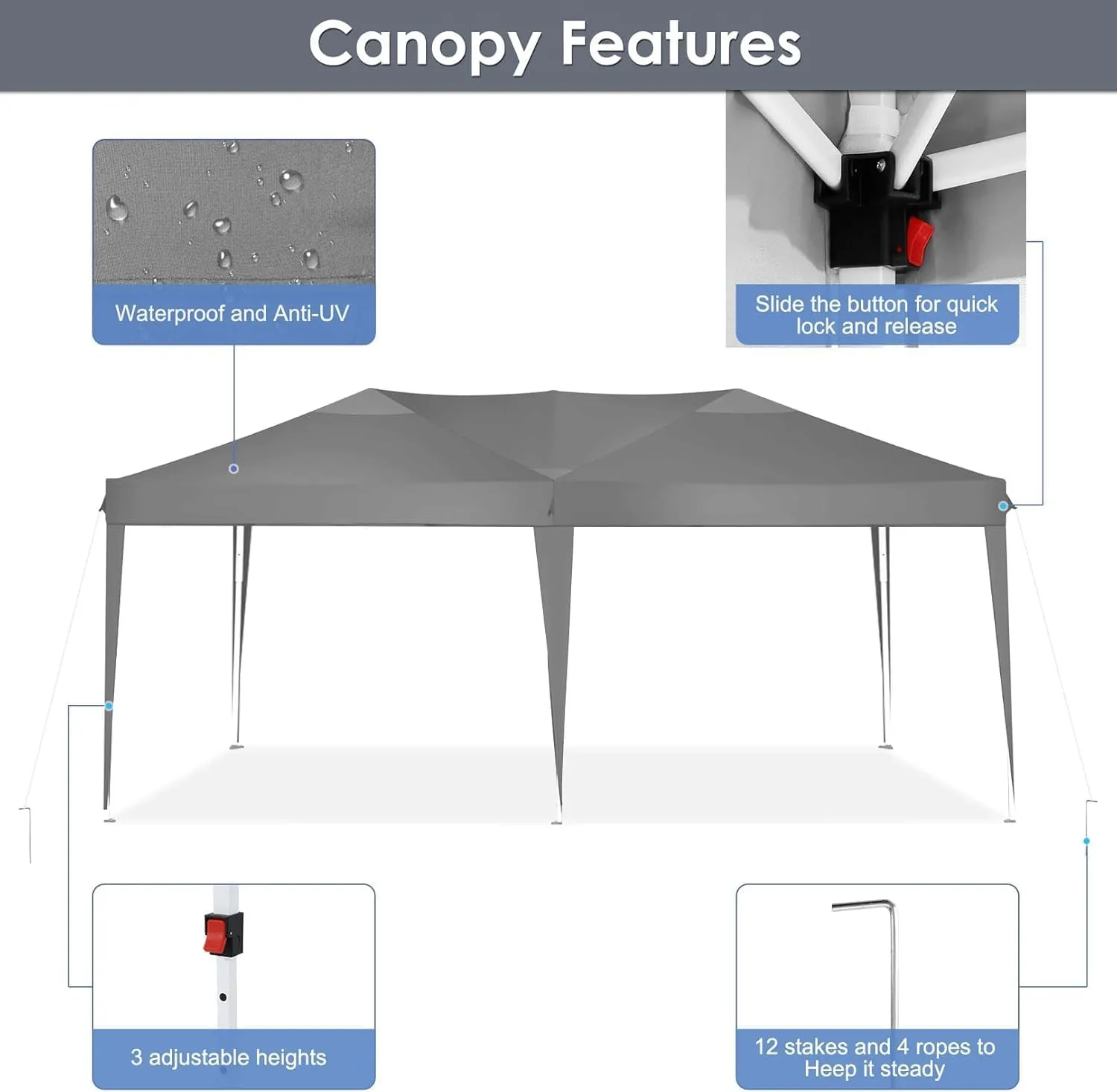 COBIZI Canopy 10x20 Pop Up Canopy Tent Party Tents for Parties Weddings Backyard Waterproof Canopy Outdoor Commercial Instant Canopy Event Tent with Stakes, Ropes,Sandbags, Grey