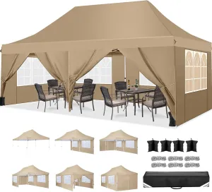 COBIZI Canopy 10x20 Pop Up Canopy Tent with 6 Sidewalls, Waterproof Commercial Canopy Ez Outdoor Instant Gazebo Easy to Set up Event Shelter, Garden Tents for Parties with Sandbags, Khaki