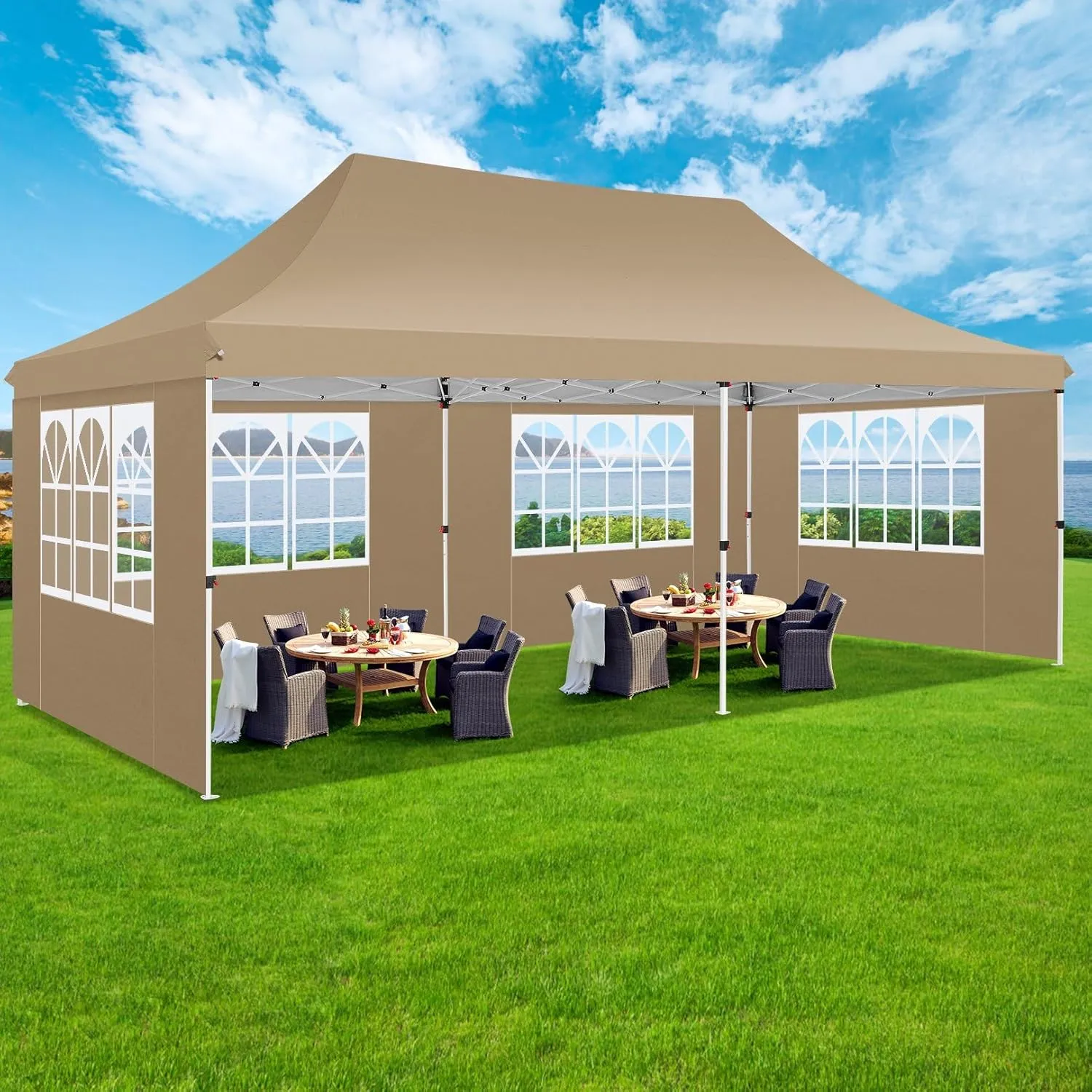 COBIZI Canopy 10x20 Pop Up Canopy Tent with 6 Sidewalls, Waterproof Commercial Canopy Ez Outdoor Instant Gazebo Easy to Set up Event Shelter, Garden Tents for Parties with Sandbags, Khaki