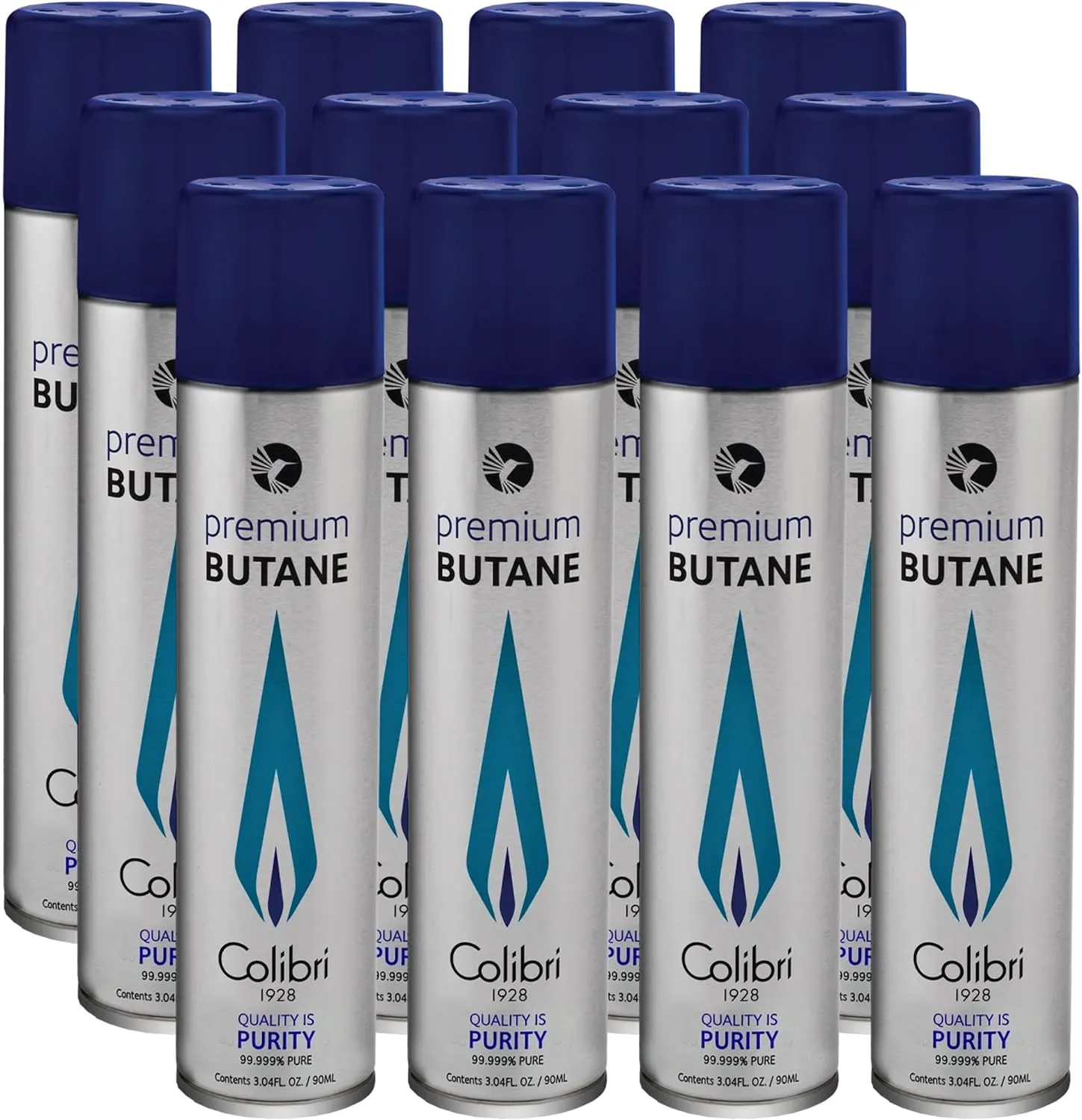 Colibri Premium Butane Fuel Refill for Lighters, Butane Torch Replacement Canisters, 99.999% Pure Butane Refill Fluid for Lighters, 90ml (3.04fl oz) Cans, Pack of 12