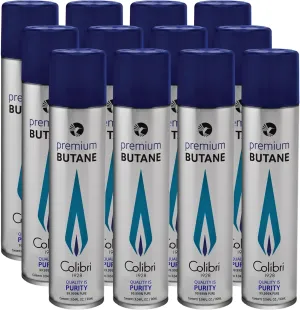 Colibri Premium Butane Fuel Refill for Lighters, Butane Torch Replacement Canisters, 99.999% Pure Butane Refill Fluid for Lighters, 90ml (3.04fl oz) Cans, Pack of 12